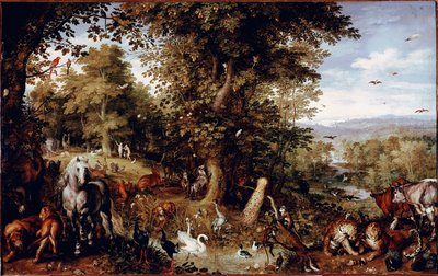 Ebedi Cennet Yaratılıştaki tüm hayvanlar çiftler halinde temsil edilir. Jan Bruegel (veya Breugel veya Brueghel veya Breughel) tarafından yapılan resim, eski Bruegel de Velours (1568-1625) olarak bilinir Roma Galleria Doria Pamphilj by Jan the Elder Brueghel