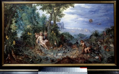 Dört element: “Su” Alegorisi. Ördekler, balık olan genç bir kadın. Jan Brueghel tarafından yapılan boyama Le Vieux, Brueghel de Velours