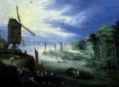 Yel Değirmenleri ile Nehir Manzarası (panelde yağ) by Jan the Younger Brueghel