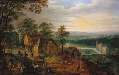 Figürler ve Arabalarla Köy Sokağı, Arka Planda Hendekli Bir Kale by Jan Brueghel the Younger
