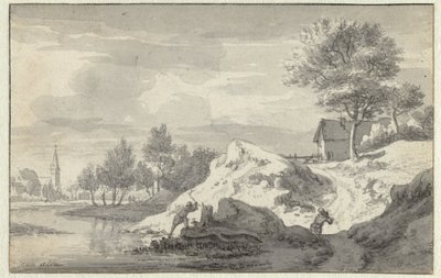 Bir Nehrin Kıyısında Odun Doğrayan Figürlerle Manzara by Jan van Aken