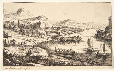 Yolcularla nehir manzarası, bir mavna ve yelken için iki sandal by Jan van Almeloveen