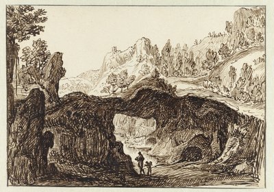 Ön planda iki gezgin ile kayalık dağ manzarası by Jan van Almeloveen
