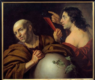 Heraclite ve Democrite Yunan filozofları Efesli Heraclite (Herakleitos) (MÖ 535-475) ve Democrite (Democritus) (MÖ 460-370). Jan van Bijlert (1597-1671) 17. yüzyıl Utrecht tarafından tablo. Merkez Müzesi by Jan van Bijlert or Bylert