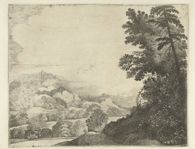 Tepe ve ağaçlar üzerinde koyun ile manzara Manzaralar (dizi başlığı) by Jan van Brosterhuyzen