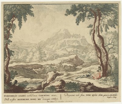 Bir ağacın yanında iki çoban ile manzara Virgil'in şiir koleksiyonu Bucolica'dan sahneler (seri başlığı) by Jan van Call (I)