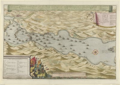 Vigo'daki Körfez Savaşı ve İspanyol Gümüş Filosunun Ele Geçirilmesi, 1702 Caarte vande Landingh, iki Casteel'in ele geçirilmesinin bir parçası olarak Vigos Körfezi'nde ve Redondella den açıklarında Baay'a demirleyen İspanyol Gümüş Filosu by Jan van Call (I)