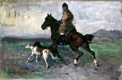 Tazılı Binici, 1890 dolayları (gemide yağ) by Jan van Chelminski