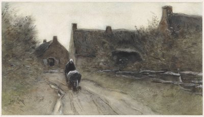 El arabası olan kadınla köy manzarası by Jan van Essen