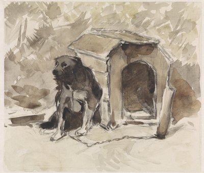 Köpek kulübesinin önünde bir tasma üzerinde oturan köpek by Jan van Essen