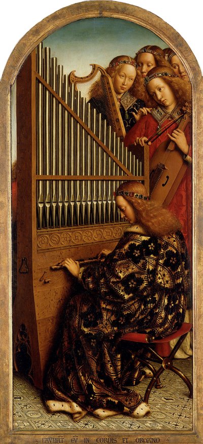 Ghent Altarpiece. Mistik Kuzu Tapınması: Müzik Yapan Melekler, 1432. by Jan van Eyck
