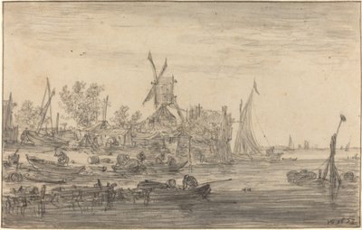 Yel değirmeni ile ön kıyı sahnesi by Jan van Goyen