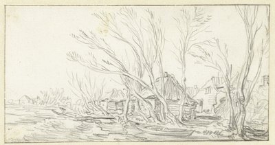 Çiftlikler için çarpık çıplak ağaçlarla manzara by Jan van Goyen