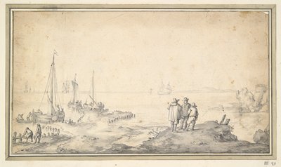 Gemilerle Körfeze Bakan Bir Kumul Üzerinde Üç Figür by Jan van Goyen