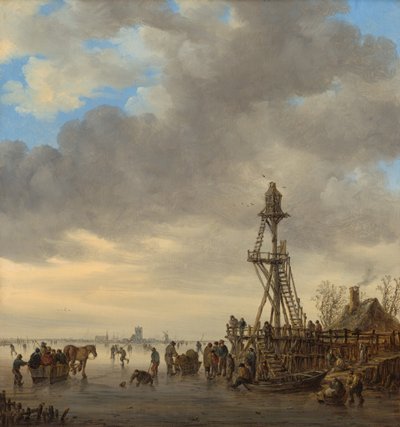 Donmuş göl, buz patencileri ve ahşap gözlem kulesi ile kış manzarası by Jan van Goyen