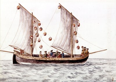 Fenerli bir Venedik trabağı, Adriyatik Denizi gibi sığ sularda kullanılan balıkçı teknesi, Jan van Grevenbroeck (veya Giovanni Grevembroch (Grevenbroch) (1731-1807) tarafından yazılan “Veniyalıların Gümrükleri” adlı el yazmasından suluboya çizim ve mürekke by Jan van Grevenbroeck