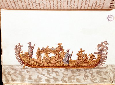 Kraliyet gondol - Jan van Grevenbroek (veya Giovanni Grevenbroich (Grevenbroich) (1731-1807) tarafından yazılan “Venüslerin Gümrükleri” el yazmasından suluboya çizim ve mürekkep by Jan van Grevenbroeck
