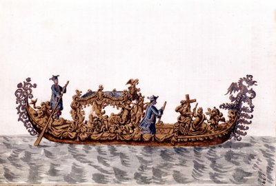 Kraliyet gondol. Jan van Grevenbroek (veya Giovanni Grevenbroich (Grevenbroich) (1731-1807) tarafından yazılan "Veniyalıların Gümrükleri" adlı el yazmasından suluboya çizimi ve mürekkep by Jan van Grevenbroeck