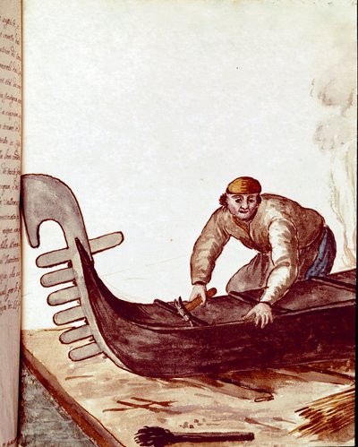 El sanatları: gondol üreticisi Jan van Grevenbroeck (veya Giovanni Grevembroch (Grevenbroch) (1731-1807) tarafından yazılmış bir el yazmasından suluboya çizimi ve mürekkep by Jan van Grevenbroeck