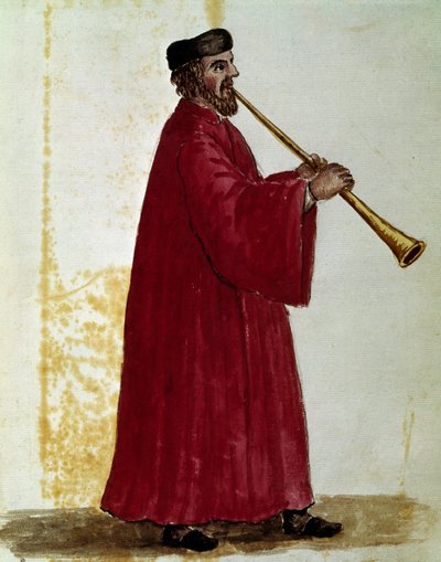 Flüt çalan Jan van Grevenbroek (veya Giovanni Grevenbroich (Grevenbroich) (1731-1807) tarafından yazılan “Venediklilerin Gümrükleri” adlı el yazmasından suluboya çizimi ve mürekkep by Jan van Grevenbroeck