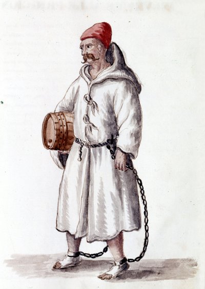 Galeri kablosu. 17 - 18. yüzyıl. Jan van Grevenbroek (veya Giovanni Grevenbroich (Grevenbroich) (1731-1807) tarafından yazılan "Veniyalıların Gümrükleri" adlı el yazmasından suluboya çizimi ve mürekkep by Jan van Grevenbroeck