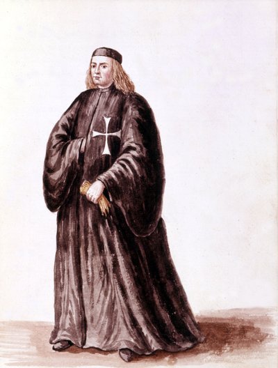 Malta Şövalyesi. Jan van Grevenbroek (veya Giovanni Grevenbroich (Grevenbroich) (1731-1807) tarafından yazılan "Veniyalıların Gümrükleri" adlı el yazmasından suluboya çizimi ve mürekkep by Jan van Grevenbroeck