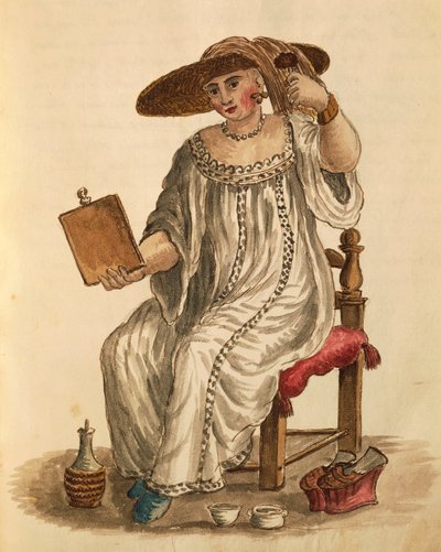 Makyajını yapan bayan, Jan van Grevenbroeck veya Giovanni Grevembroch (1731-1807), Gli Abiti de Veneziani, resimli kostüm kitabından, suluboya by Jan van Grevenbroeck
