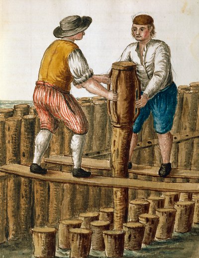 Venedik lagününün temellerinin atılması, Jan van Grevenbroeck (1731-1807) tarafından Dress of Venice el yazması, İtalya by Jan van Grevenbroeck