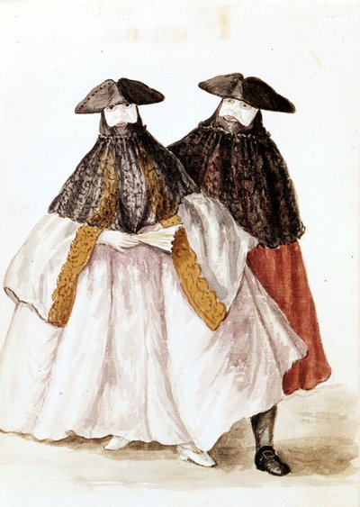 Venedik Karnavalı Maskeleri. Jan van Grevenbroek (veya Giovanni Grevenbroich (Grevenbroich) (1731-1807) tarafından yazılan "Veniyalıların Gümrükleri" adlı el yazmasından suluboya çizimi ve mürekkep by Jan van Grevenbroeck