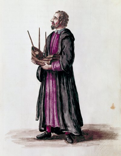 Bir deniz mimarı temsili, inşa ettiği geminin minyatür modelini elinde tutuyordu Detay. Jan van Grevenbroeck (veya Giovanni Grevembroch (Grevenbroch) (1731-1807) tarafından yazılan “Veniyalıların Gümrükleri” adlı el yazmasından suluboya çizimi ve mürekkep by Jan van Grevenbroeck