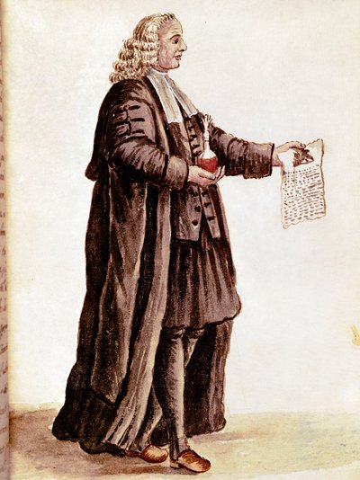 Elinde küçük bir şişe ve bir reçete tutan eczacı Jan van Grevenbroek (veya Giovanni Grevenbroich (Grevenbroich) (1731-1807) tarafından yazılan bir el yazmasından suluboya ve mürekkep çizme by Jan van Grevenbroeck