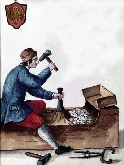 Venedik Cumhuriyeti madeni paralarının imalatı: darphane aşaması. Jan van Grevenbroeck (veya Giovanni Grevembroch (Grevenbroch) (1731-1807) tarafından yazılan “Veniyalıların Gümrükleri” adlı el yazmasından suluboya çizimi ve mürekkep by Jan van Grevenbroeck