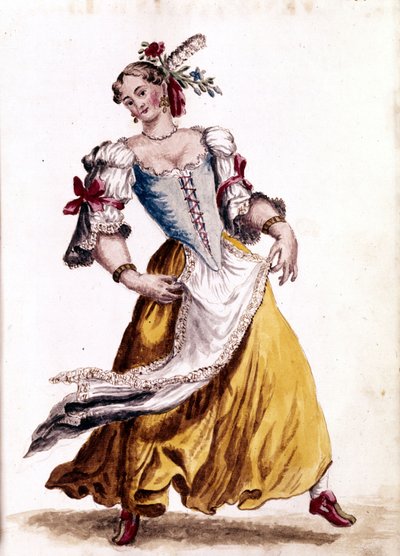 Venedik dansı. Jan van Grevenbroek (veya Giovanni Grevenbroich (Grevenbroich) (1731-1807) tarafından yazılan "Veniyalıların Gümrükleri" adlı el yazmasından suluboya çizimi ve mürekkep by Jan van Grevenbroeck
