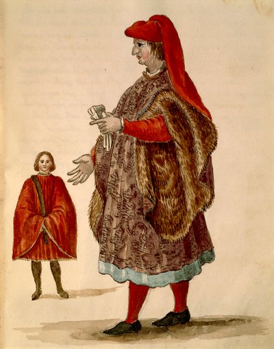 Jan van Grevenbroeck veya Giovanni Grevembroch (1731-1807), Gli Abiti de Veneziani, resimli kostüm kitabından, suluboya, "Dogalina" giyen Venedikli senatör, geniş kollu resmi cüppe by Jan van Grevenbroeck
