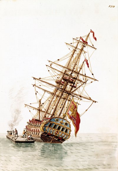 Venedik gemisi, tamir edilmek üzere gövdesinde vuruldu. Jan van Grevenbroeck (veya Giovanni Grevembroch (Grevenbroch) (1731-1807) tarafından yazılan “Veniyalıların Gümrükleri” adlı el yazmasından suluboya çizimi ve mürekkep by Jan van Grevenbroeck
