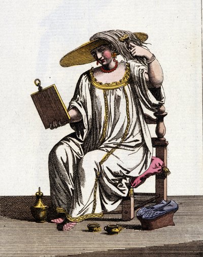 17. - 18. yüzyılda Venedikli kadınların saçlarını güneşte açma yöntemi. Jan van Grevenbroeck (veya Giovanni Grevembroch (Grevenbroch) (1731-1807) tarafından yazılan “Veniyalıların Gümrükleri” adlı el yazmasından suluboya çizimi ve mürekkep by Jan van Grevenbroeck