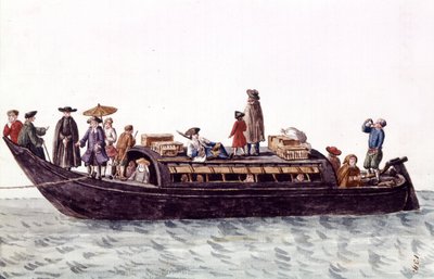 İnsanların ve malların taşınması için Venedik lagün teknesi. Jan van Grevenbroeck (veya Giovanni Grevembroch (Grevenbroch) (1731-1807) tarafından yazılan “Veniyalıların Gümrükleri” adlı el yazmasından suluboya çizimi ve mürekkep by Jan van Grevenbroeck