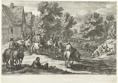 Ön planda atlıların olduğu bir köyün görünümü by Jan van Huchtenburg