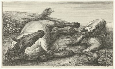 Önden görülen iki düşmüş at, soldaki Ölü Atlar (dizi adı) by Jan van Huchtenburg