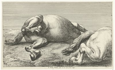 İki düşmüş at, yandan görülen sağdaki Ölü Atlar (dizi adı) by Jan van Huchtenburg