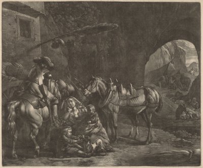 İki Çocuklu Anne ve Bir Hanın Önünde Bir At by Jan van Huchtenburgh