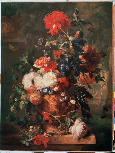 ""Çiçek buketi"" (Çiçekler) Ayrıca yumurta ve böceklerle (kelebek, sinek, karınca ve uğur böceği dahil) bir yuva da temsil edilmektedir. Jan van Huysums (1682-1749) 1722 Hermitage Müzesi Saint Petersburg by Jan van Huysums