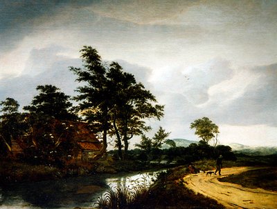 Kulübe, İki Köylü ve Köpekleriyle Bir Nehir Manzarası (panelde yağlı boya) by Jan van III Kessel