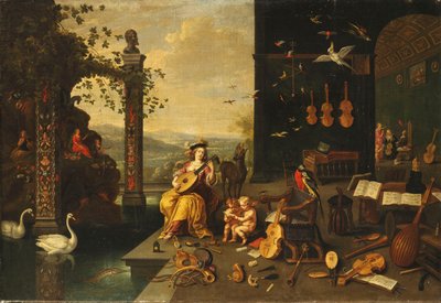 Müziğin Kişileştirmesi: Açık bir galerinin önünde terasta ud çalan genç bir kadın by Jan van Kessel