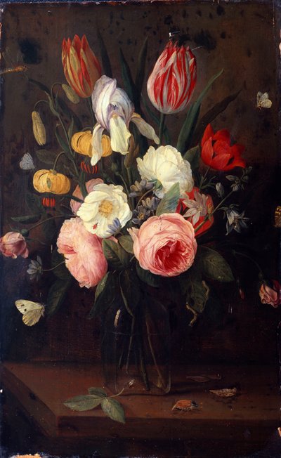 Cam Vazoda Güller, Laleler ve Diğer Çiçekler, Böcekli, Masanın Üzerinde by Jan van Kessel