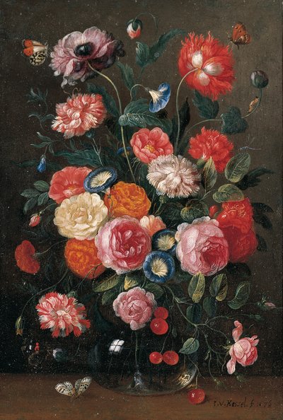 Cam vazoda güller, karanfiller, sabah sefası, bir gelincik ve bir dal kiraz, bir duvar kahvesi, bir turuncu uç, bir Kırmızı Amiral ve bir masada saksağan kelebek, 1676 by Jan van Kessel