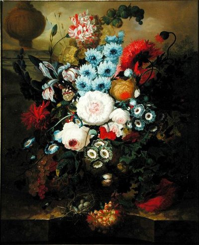 Mermer Kenarda Kuş Yuvası Olan Karanfiller, Sabah Zaferi, Güller, Auriküller, Sümbül ve Diğer Çiçekler (tuval üzerine yağlı boya) by Jan van Os