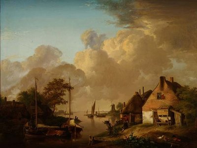 Köy, mavnalar ve köylüler ile nehir manzarası by Jan van Os