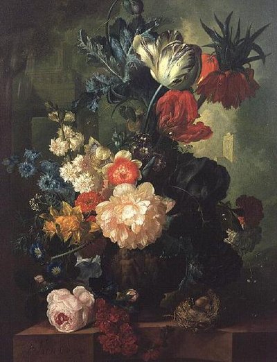 Heykel vazoda güller, laleler, karanfiller ve diğer çiçekler by Jan van Os