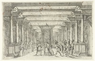 Bir prensesi selamlayan bir savaşçı Sahne seti tasarımı (seri başlığı) by Jan van Ossenbeeck